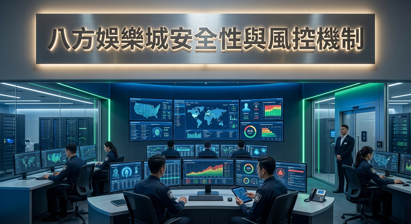 這張圖片展示了一個現代化的科技監控中心，專業人員正在多螢幕前進行即時數據分析與系統監控。 牆上懸掛著醒目的金屬看板，上面以清晰的繁體中文標註著標題「八方娛樂城安全性與風控機制」。