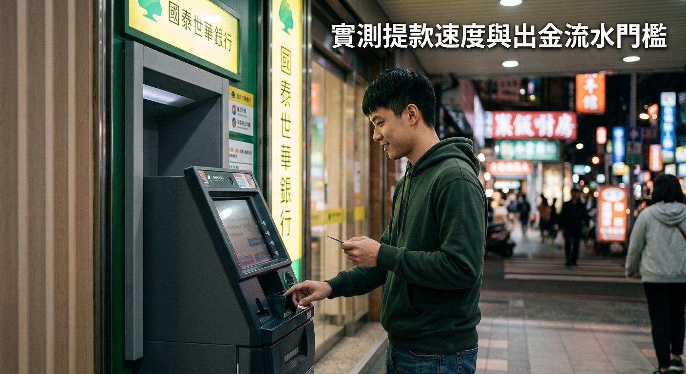 這張圖片展示了一名男子夜晚在街邊的 ATM 機前進行提款操作，畫面上方標有「實測提款速度與出金流水門檻」的繁體中文標題。 整體氛圍偏向實測與金融相關題材，呈現出真實日常生活中的資金提領情境。